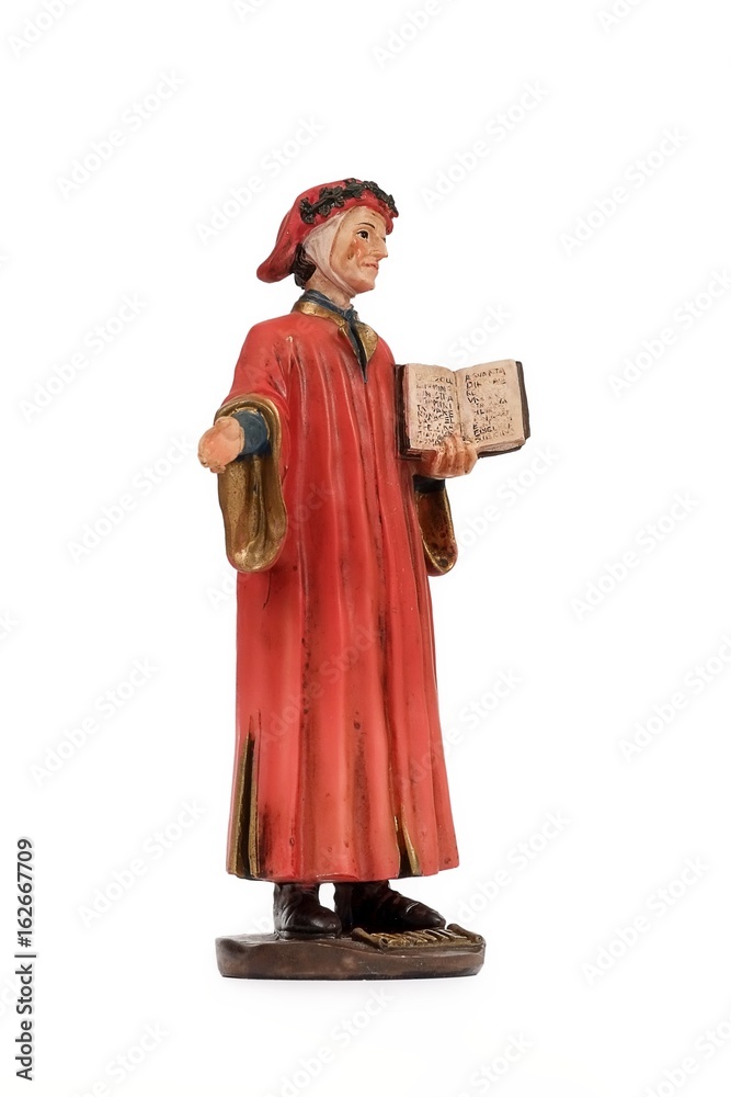 Ceramic souvenir figure of the famous Italian poet in the red dress. The inscription in English means the name of the poet 