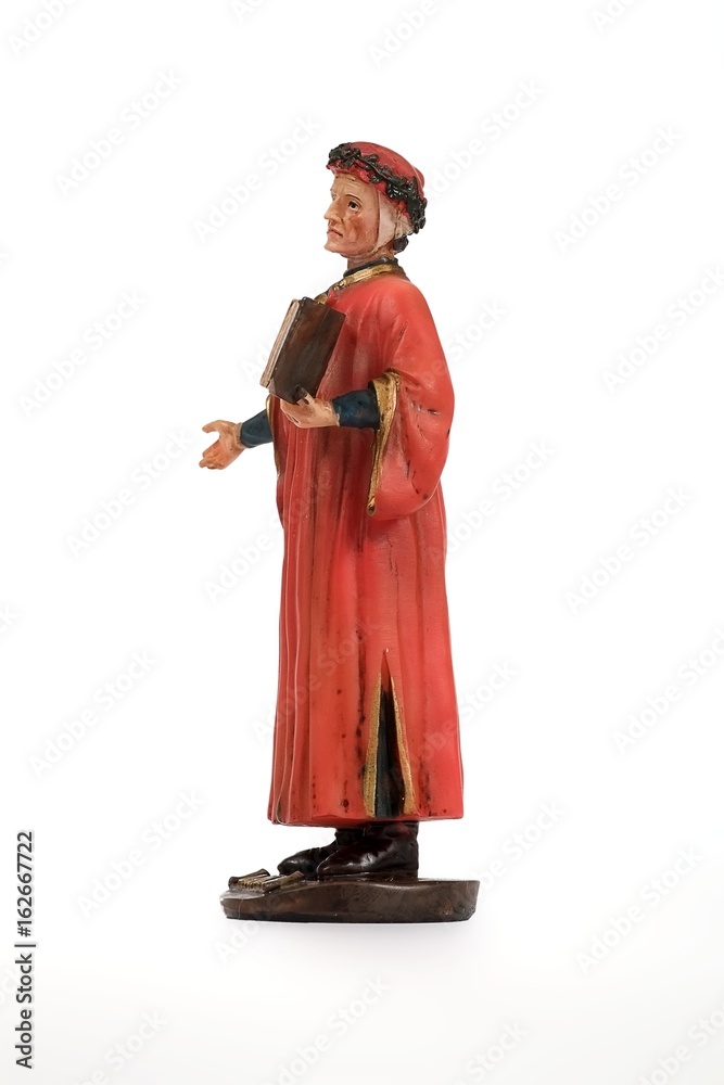 Ceramic souvenir figure of the famous Italian poet in the red dress. The inscription in English means the name of the poet 