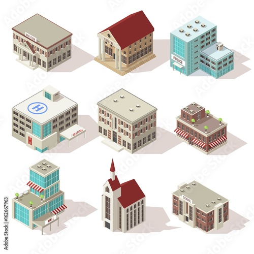 City Buildings Isometric Icons Set