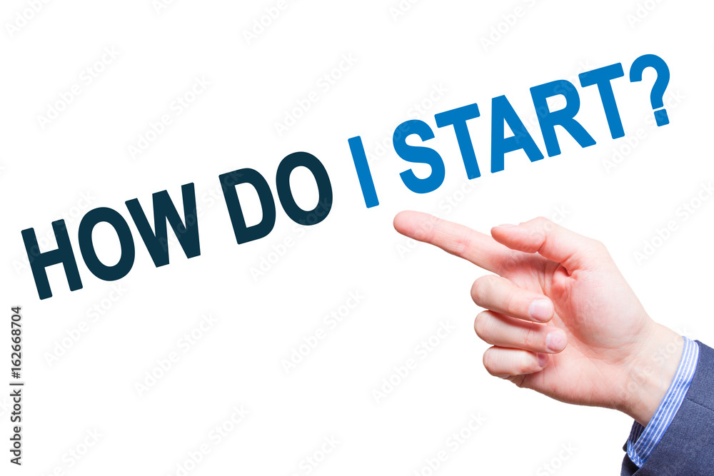 Businessman pointing on How do I Start? text sign. Isloated on white. Business concept Businessman pointing on How do I Start? text sign. Isloated on white. Business concept