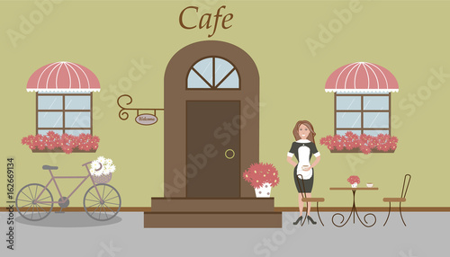 Pretty summer scenery in a rustic style. A cafe, two windows with a striped awnings, door, stairs, red flowers. A bike and basket of daisies. A cute waitress, table and chairs. Vector illustration 