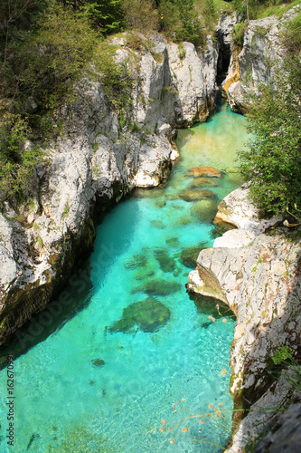 Turquoise Soca River in Triglev National Park, Slovenia