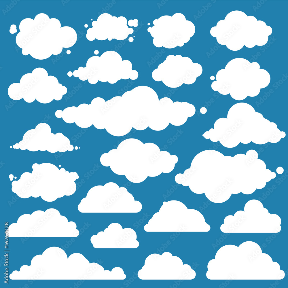 Set for blue sky, different clouds. Flat graphic vector elements Set for blue sky, different clouds. Flat graphic vector elements