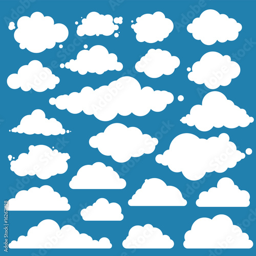 Set for blue sky, different clouds. Flat graphic vector elements