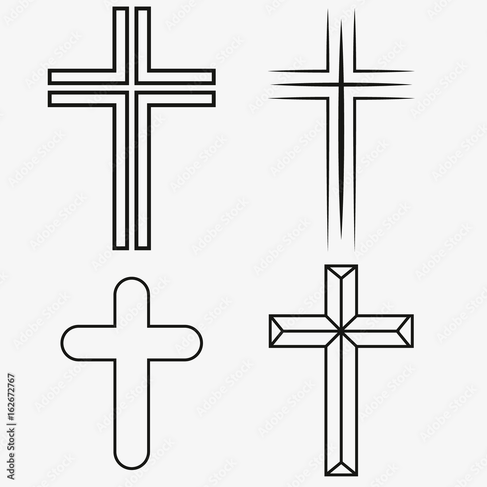 Black christian cross icon set. Abstract line christian cross. Vector illustration
