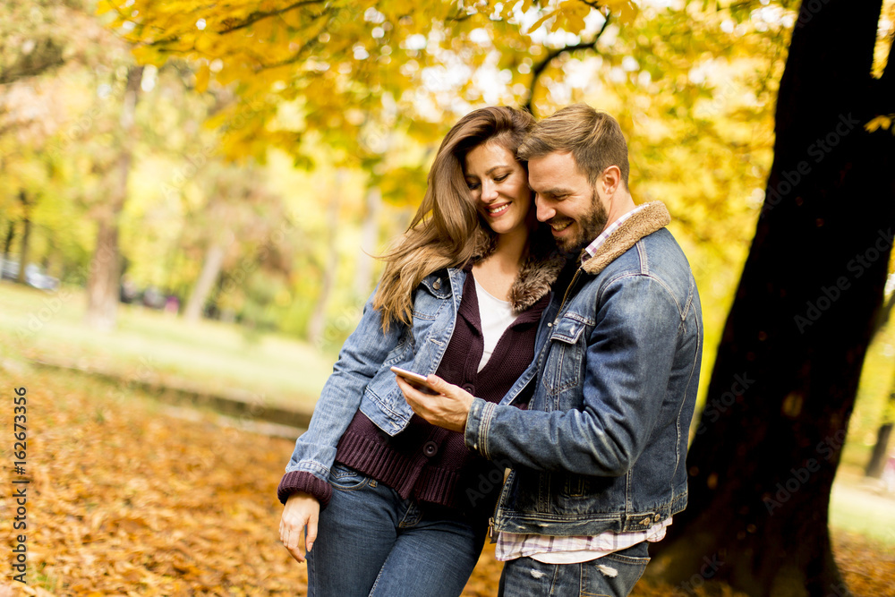 Naklejka premium Happy couple watching a smart phone and standing in autumn park