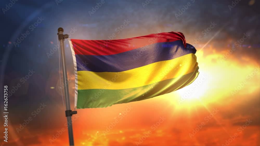 Mauritius Flag Backlit At Beautiful Sunrise Loop Slow Motion 4K