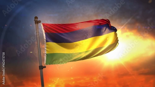 Mauritius Flag Backlit At Beautiful Sunrise Loop Slow Motion 4K