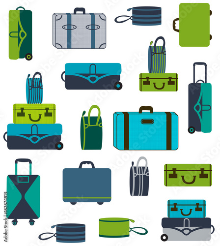 Luggage vector illustration. Hand drawn luggage, suitcase isolated on white. Travel icons. Flat illustration style. Blue, green, navy, turquoise color. Retro, classic.