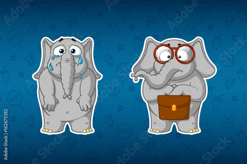 Stickers elephants. Crying, dropping tears, lowering his hands. The botanist is standing with a briefcase and glasses. Big set of stickers. Vector, cartoon