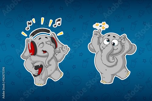 Stickers elephants. Merry, listening to music. He's going crazy. Big set of stickers. Vector, cartoon