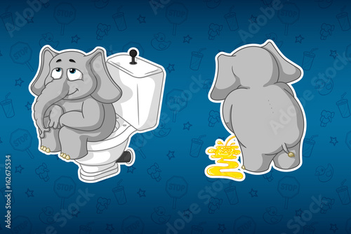 Stickers elephants. Sits on the toilet bowl. Pissing, turning away. Big set of stickers. Vector, cartoon