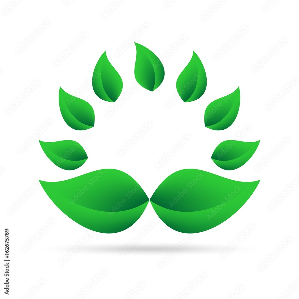 Eco icon from green leaves in a circle on a white background with gray shadow on the bottom. Abstract design natural round shape 