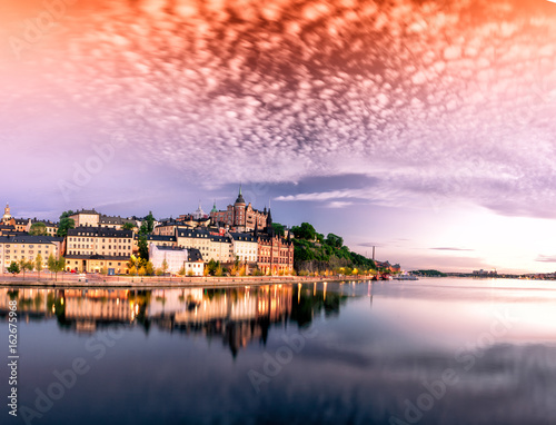 Scenic Stockholm City Old Town Sunset Skyline. Panoramic montage from 12 images