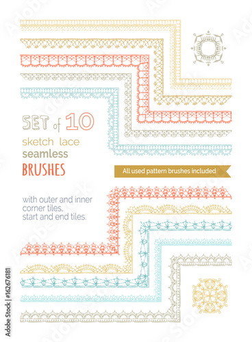 Vector set of 10 sketch lace crochet seamless brushes.