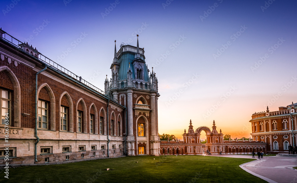 Sunset view of Tsaritsyno Palace in Moscow.