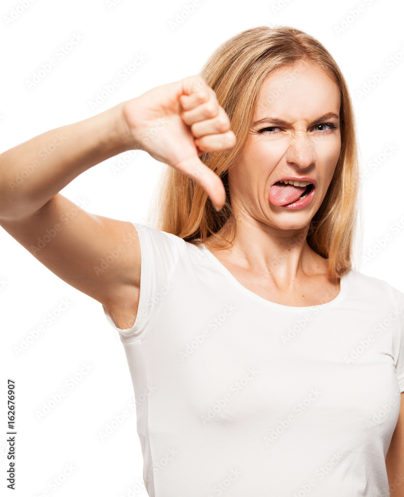 Woman showing thumbs down Woman showing thumbs down