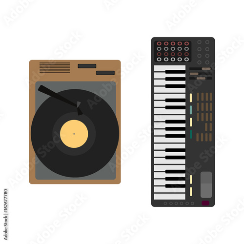 Cartoon musical Instrument set. Gramophone, synthesizer