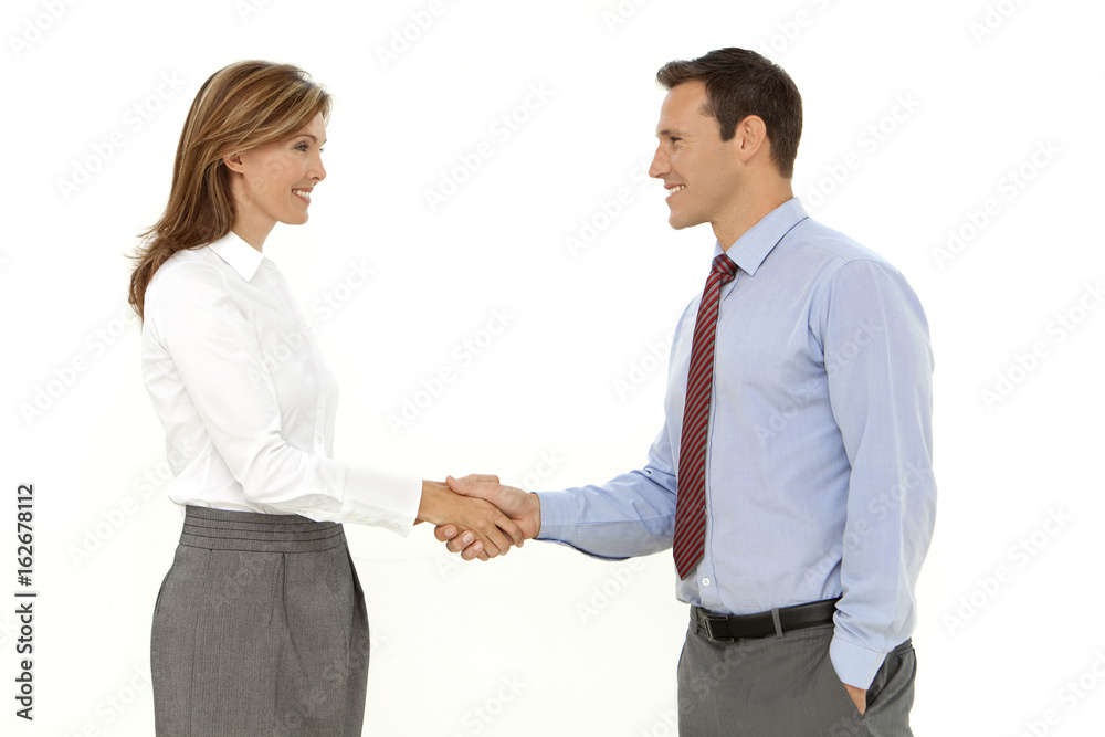 Business partners hanshake with a woman and a businessman