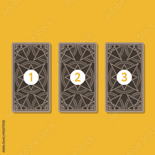 Three tarot card spread. Reverse side. Number 1, 2, 3. Vector illustration