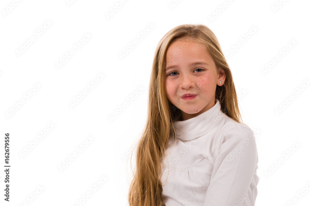 Portrait of young blonde girl wearing white high collar. isolated Portrait of young blonde girl wearing white high collar. isolated