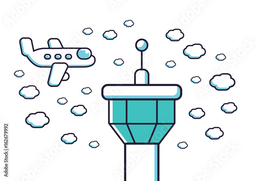 Airport tower building, flying airplane and clouds, vector illustration.