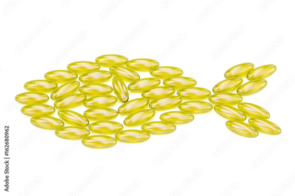 Fatty acid, omega 3 capsules in shape of fish, 3D rendering Fatty acid, omega 3 capsules in shape of fish, 3D rendering