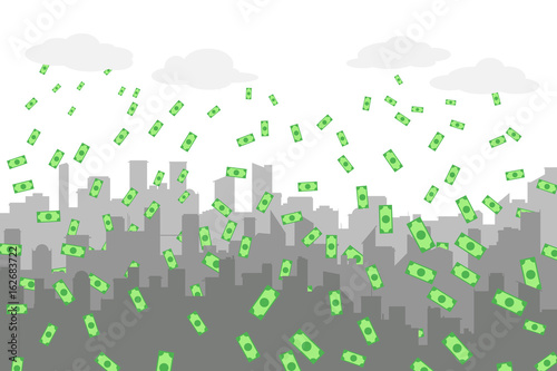 Random grey city skyline Vector on light background. With money, banknotes falling from the clouds.