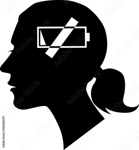 Female profile with a buttery low symbol as a metaphor for a fatigue or a burnout, EPS 8 vector, no white objects, black only