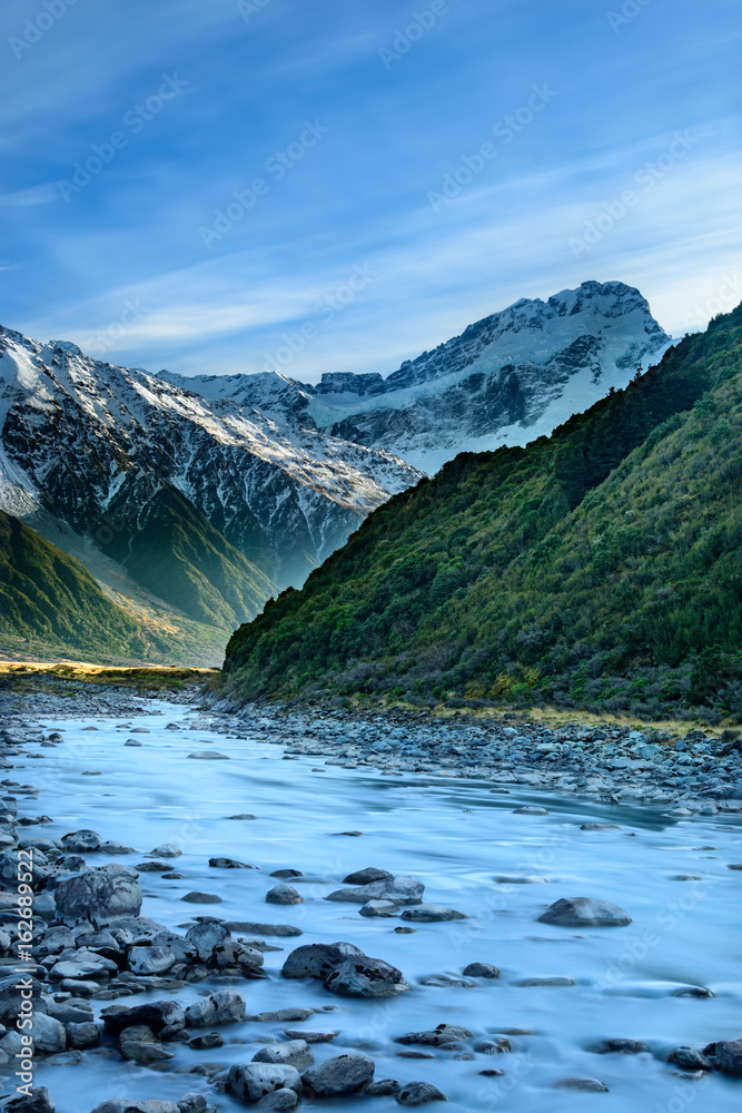 View of a river and mountains at Aoraki Mt cook national park
