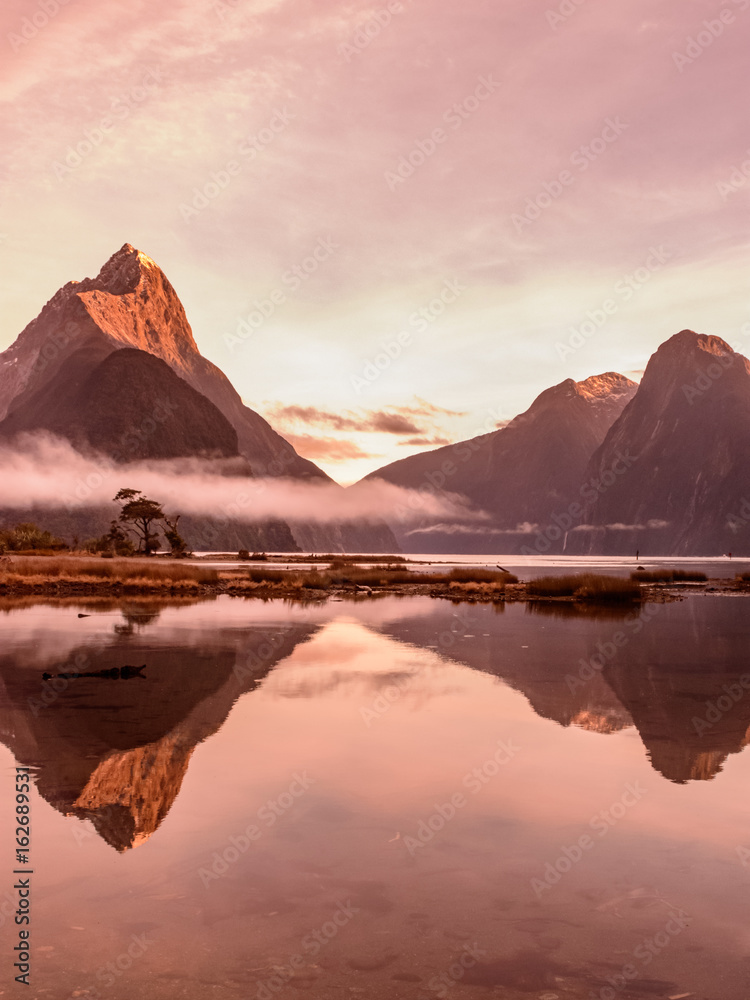 View of the landscape and mirror in Milford Sound.