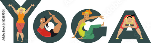 Women doing yoga and creating shapes of letters, EPS 8 illustration
