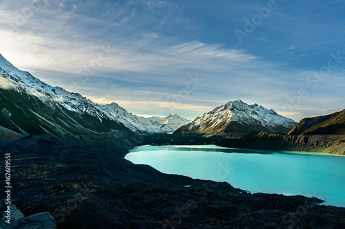 View of a Fjord, lake and mountains at Aoraki Mt. Cook National Park
