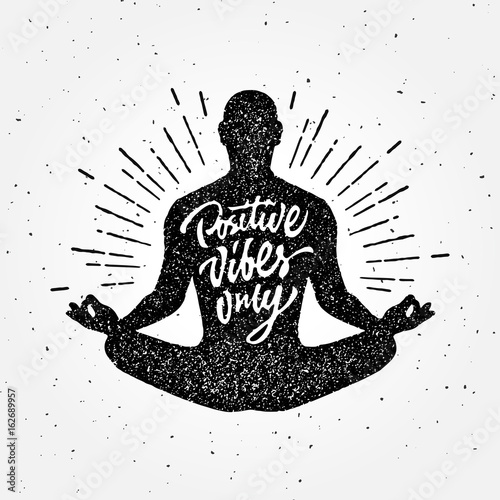 Vintage Meditation apparel print, textured t-shirt design, human silhouette and sun rays, vector illustration