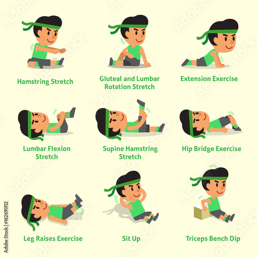 Cartoon set of a man doing warm-up and exercises