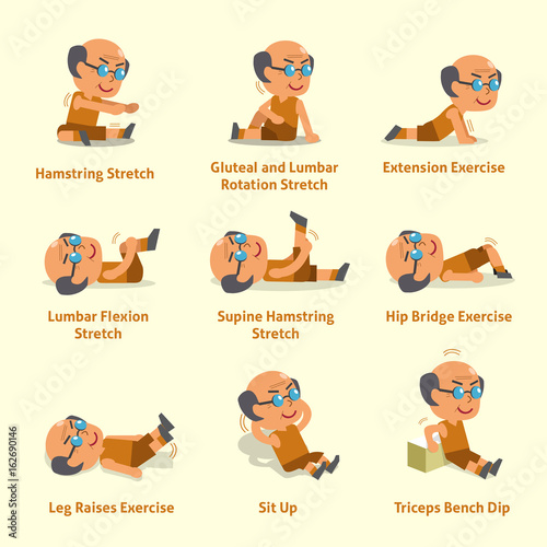 Cartoon set of old man doing warm-up and exercises