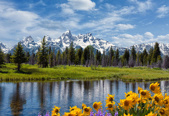 Deken met foto Reflectie Grand Tetons spiegeling in kristalhelder water  © Kevin Carden