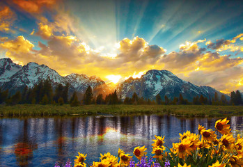 Glasbilder Natur Grand Tetons und Reflexion  © Kevin Carden