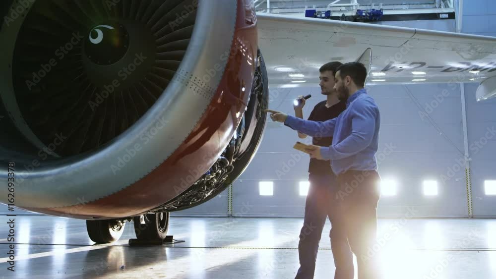 In a Hangar Aircraft Maintenance Engineer Shows Technical Data on Tablet Computer to Airplane Technician, They Diagnose Jet Engine Through Open Hatch. Shot on RED EPIC-W 8K Helium Cinema Camera.