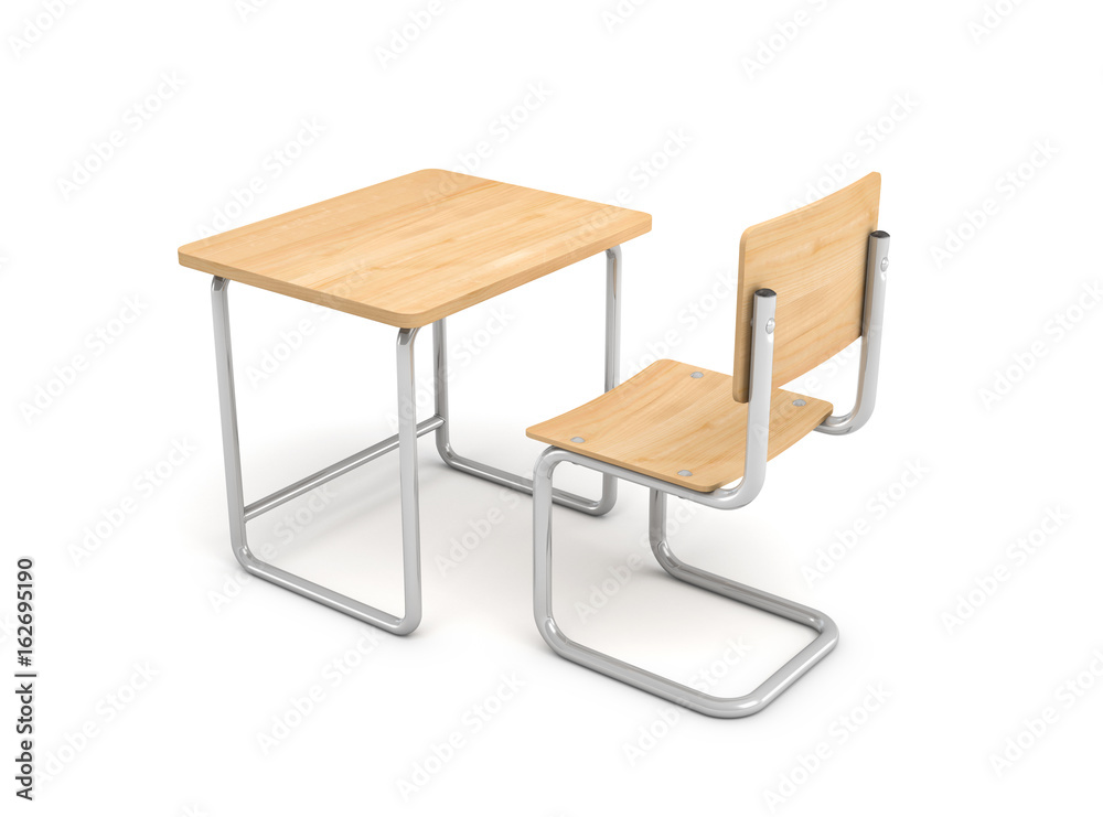 3d rendering of a school desk and chair both are made of iron and light wood isolated on white background. 3d rendering of a school desk and chair both are made of iron and light wood isolated on white background.
