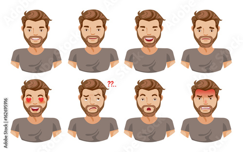 Face man Set of male facial emotions. Bearded man emoji character with different expressions. Vector illustration in cartoon Isolated on white background