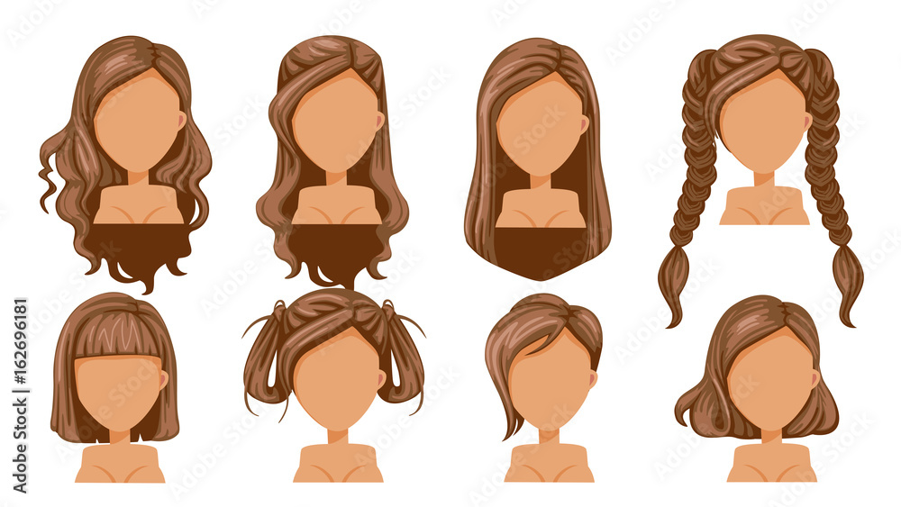 Hair Beautiful hairstyle woman modern fashion for assortment. long hair,  short hair, curly hair salon hairstyles and trendy haircut vector icon set  isolated on white background. Stock Vector | Adobe Stock