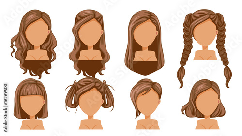 Hair Beautiful  hairstyle woman  modern fashion for assortment. long hair, short hair, curly hair salon hairstyles and trendy haircut vector icon set isolated on white background. 