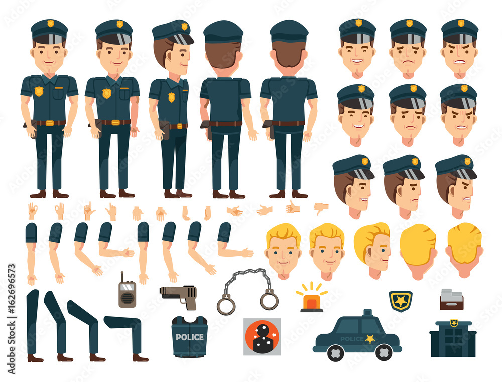 Police character creation set. Icons with different types of faces and hair style, emotions,icon  front, rear, side view of male person. Moving arms, legs. Vector illustration