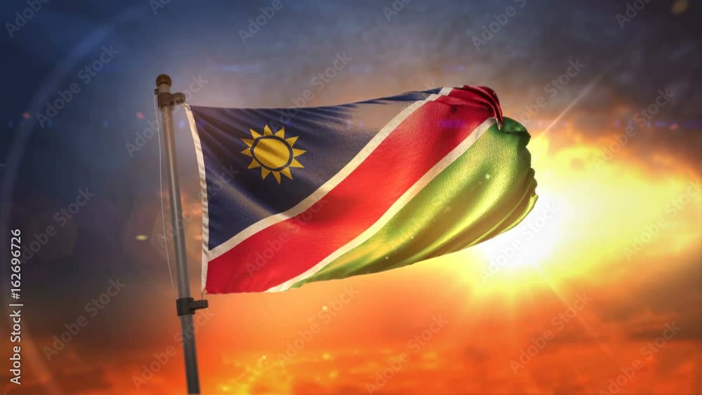 Namibia Flag Backlit At Beautiful Sunrise Loop Slow Motion 4K