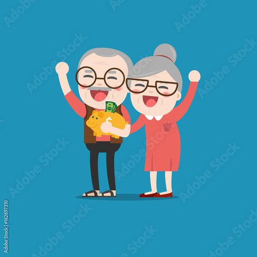 Quadro su tela Senior people with golden piggy bank, Pension