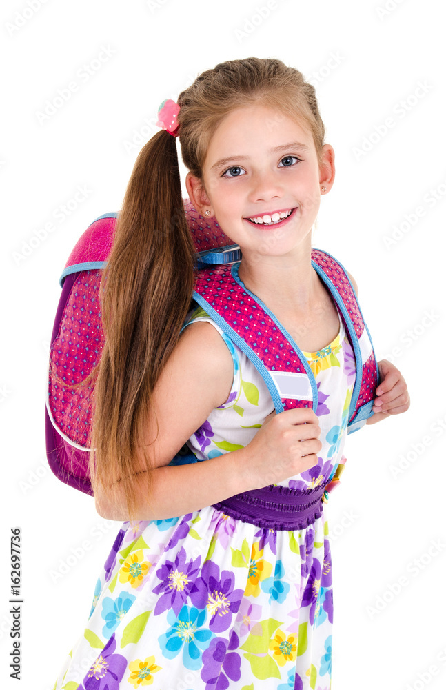 Portrait of smiling school girl child with backpack isolated Portrait of smiling school girl child with backpack isolated