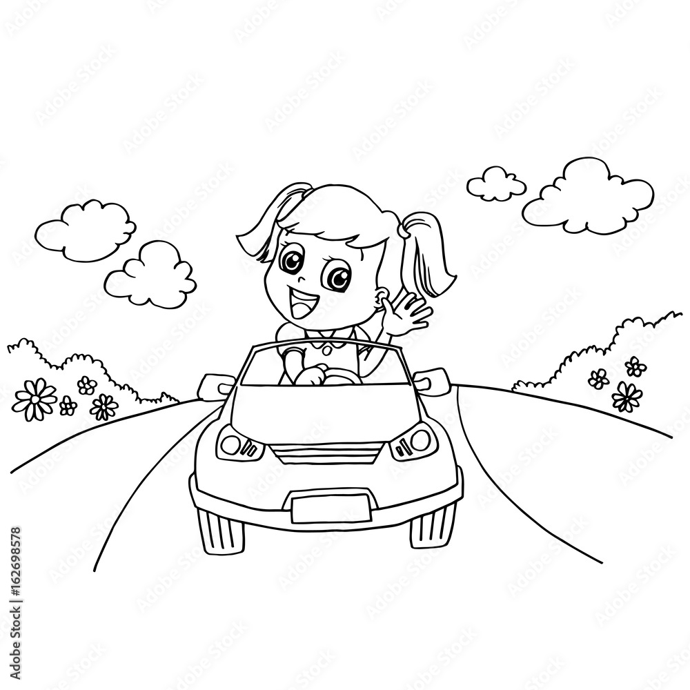 Little girl driving a toy car coloring page vector Stock ...