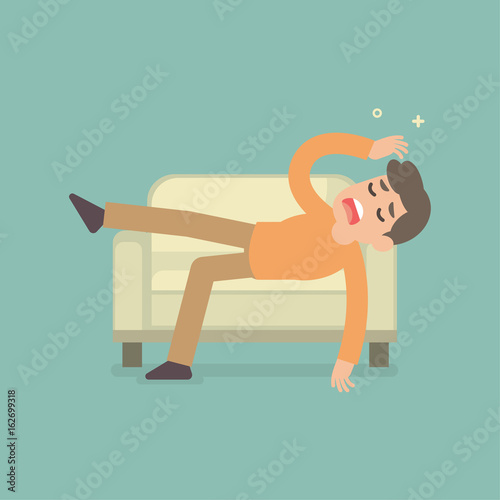 Unhappy man sad tired sleepy mood resting on sofa concept, vector flat illustration.