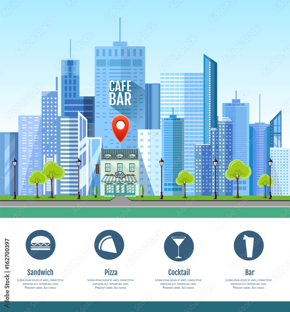 Flat style modern design of urban city landscape with location pin. Cafe bar. Web site design